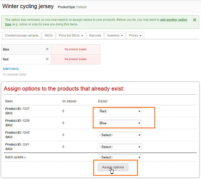 Variants: Adding products to an existing group